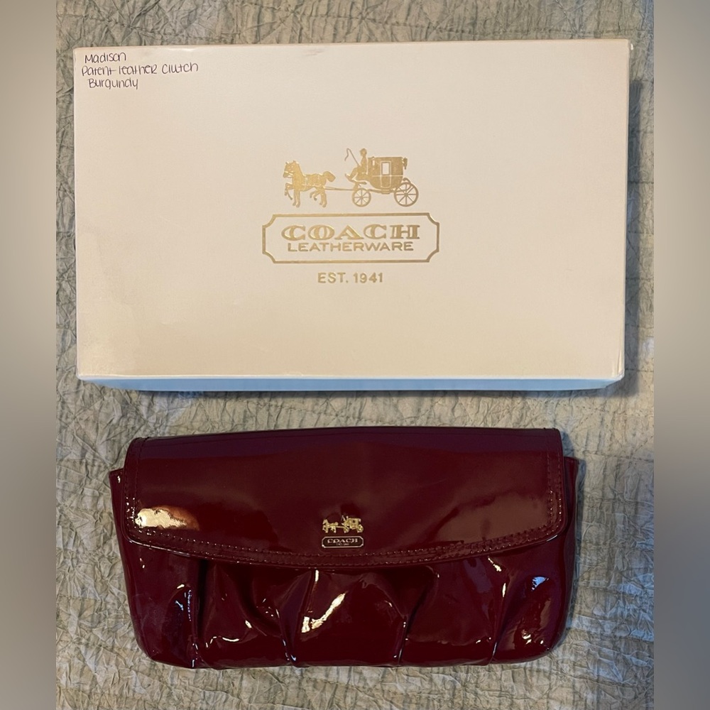 Coach- Madison Patent Leather Clutch with removable wrist strap (burgundy)
